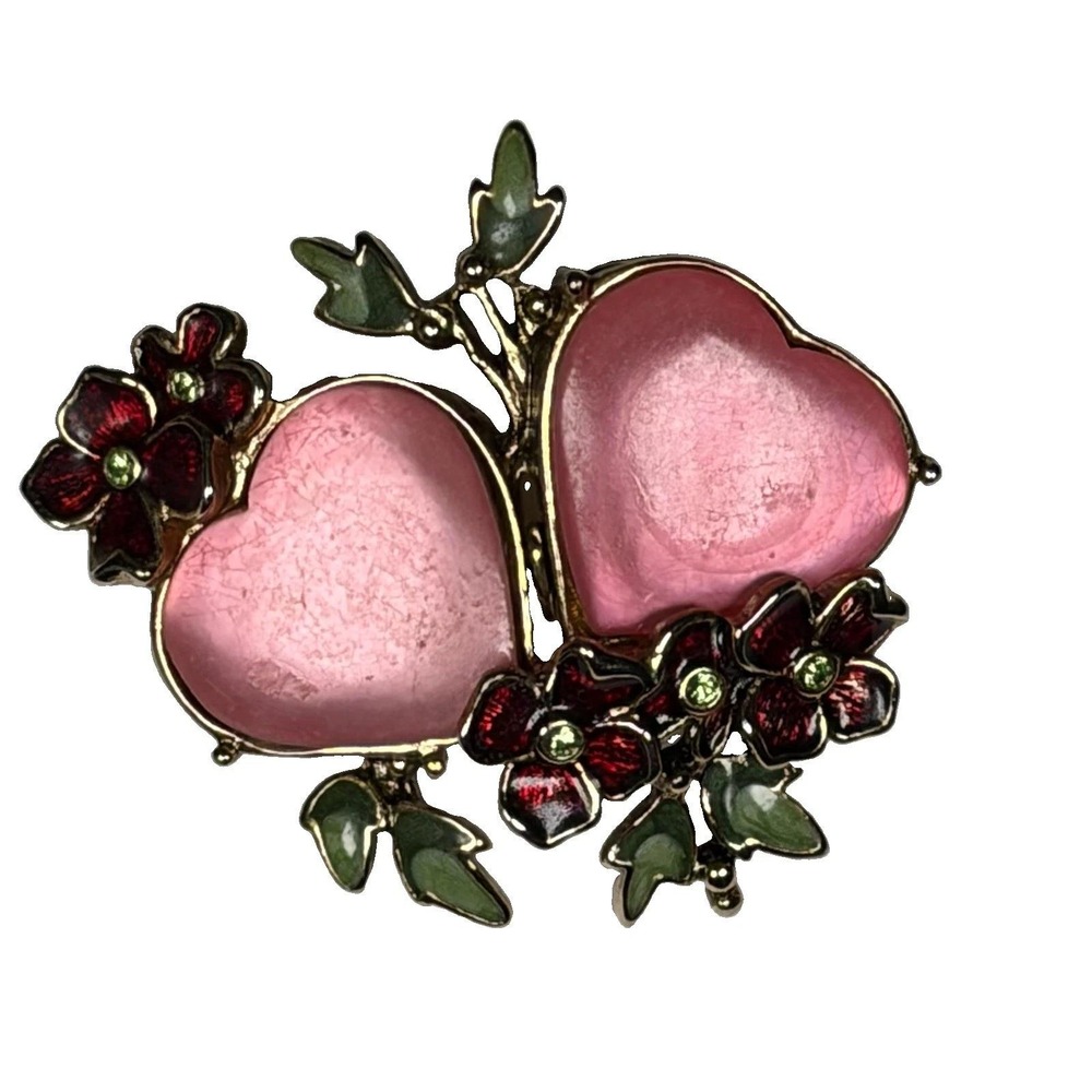 Vintage Monet Pink Hearts Brooch Red Enamel Flowers Green Rhinestone Gold Tone